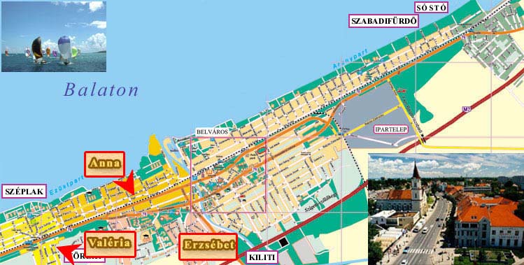 Location of the accommodations on the Siofok map Siófok térkép
